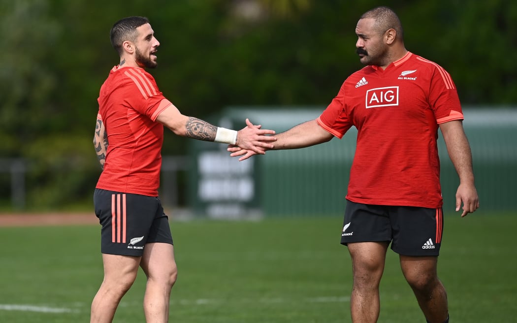 TJ Perenara and Karl Tu'inukuafe during a New Zealand All Blacks training run ahead of the first Bledisloe Cup test match on Saturday. Rugby Union. Trusts Stadium, Waitakere, Auckland, New Zealand. Tuesday 3 August 2021.