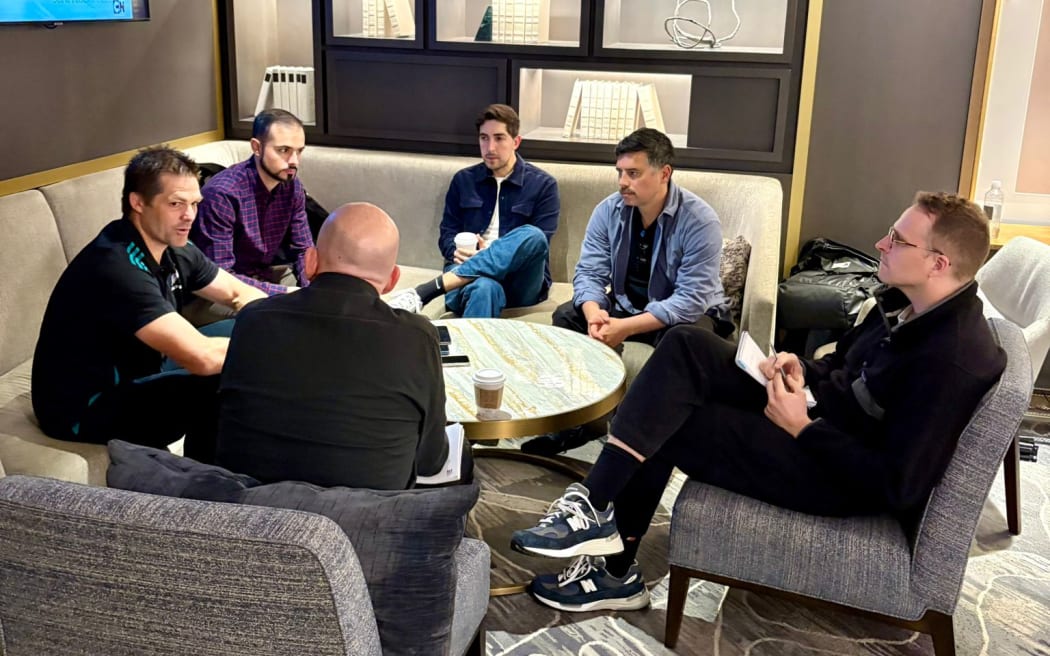 Richie McCaw talks to the traveling NZ media in Chicago.