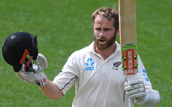 Kane Williamson celebrates his 18th test century.