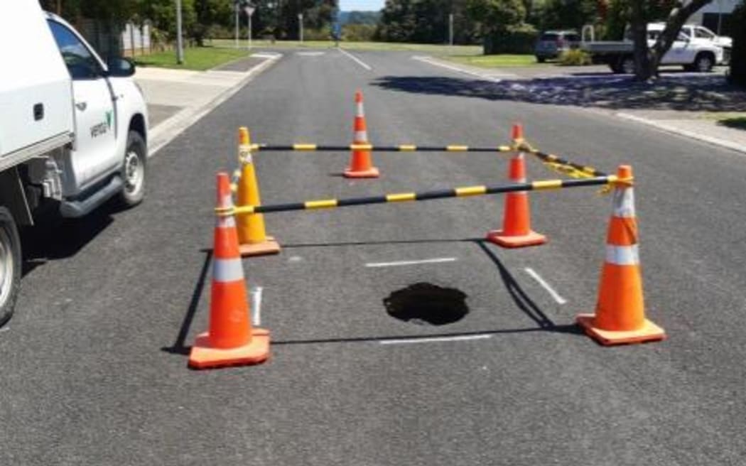 A sinkhole near the intersection of Arthur St and Catherine Crescent in Whititanga.