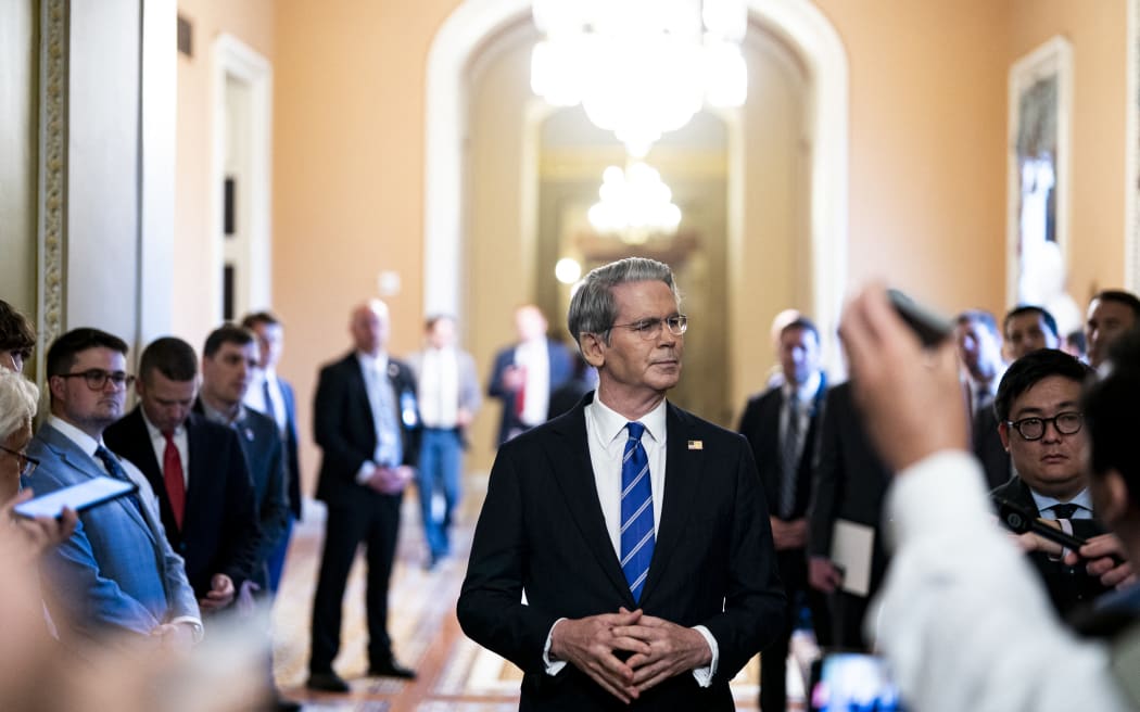 WASHINGTON, DC - JUNE 27: U.S. Treasury Secretary Scott Bessent speaks to reporters following a Senate Republican luncheon, in the U.S. Capitol on June 27, 2025 in Washington, DC. Republican leaders are pushing to get what Trump calls his One Big Beautiful Bill Act through Congress and to his desk before the July 4 Independence Day holiday.   Al Drago/Getty Images/AFP (Photo by Al Drago / GETTY IMAGES NORTH AMERICA / Getty Images via AFP)