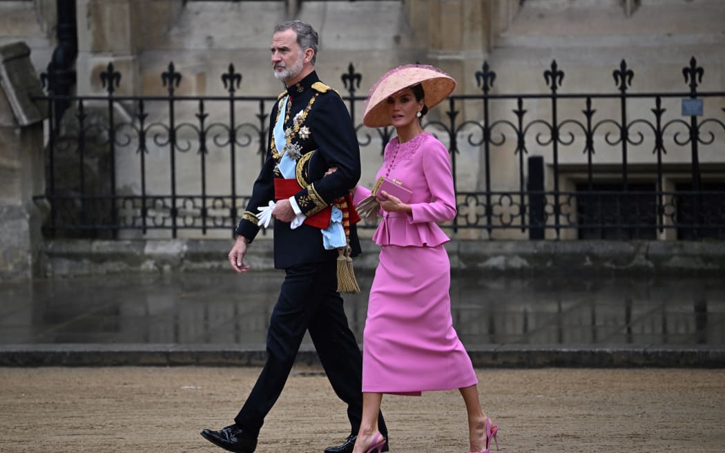 Spain's Queen Letizia arrives at Westminster Abbey with her husband King Felipe VI.