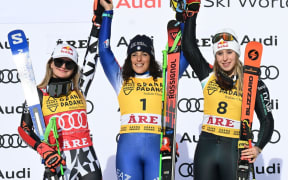 (L to R) Alice Robinson, Federica Brignone and Lara Colturi following the women's giant slalom at the World Cup alpine ski event in Are, Sweden.
