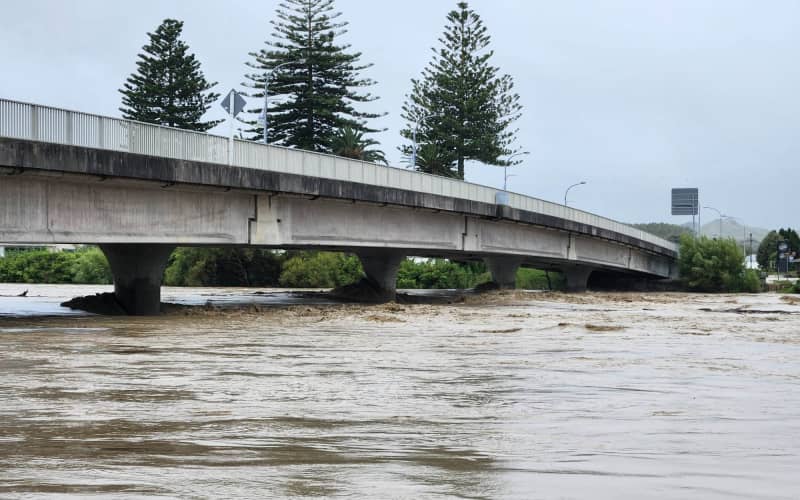 A bridge in Wairoa where the river burst its banks, inundating houses in the cut-off northern Hawke’s Bay town.