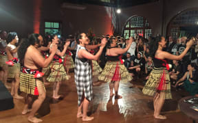 New Zealand songstress Ria Hall (in black and white dress) joins the New Zealand Maori Arts and Crafts Institute | Nga Kete Tuku Iho Kapa Haka group at the official opening of the Tuku Iho Exhibition in Rio de Janeiro
