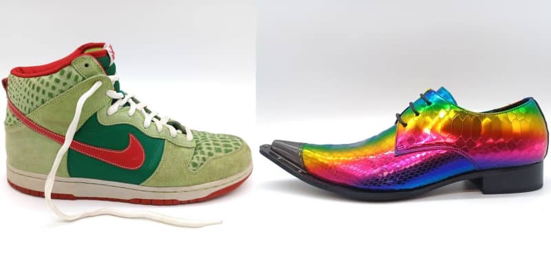 A pair of Nike Dunk High Pro SB Dr Feelgoods owned by Nigel Borell and an unidentified pair of dress shoes owned by Wellington city councillor Karepa Wall feature in the new Dowse Art Museum exhibition Well-Heeled.