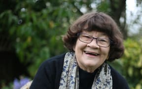 Writer Joy Cowley with family dog Rosa.