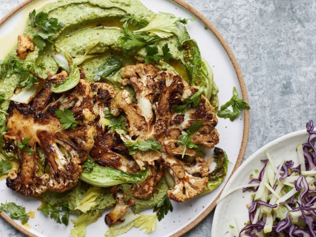 Chermoula Cauliflower on Herby Bean Dip with Slaw by Melissa Hemsley