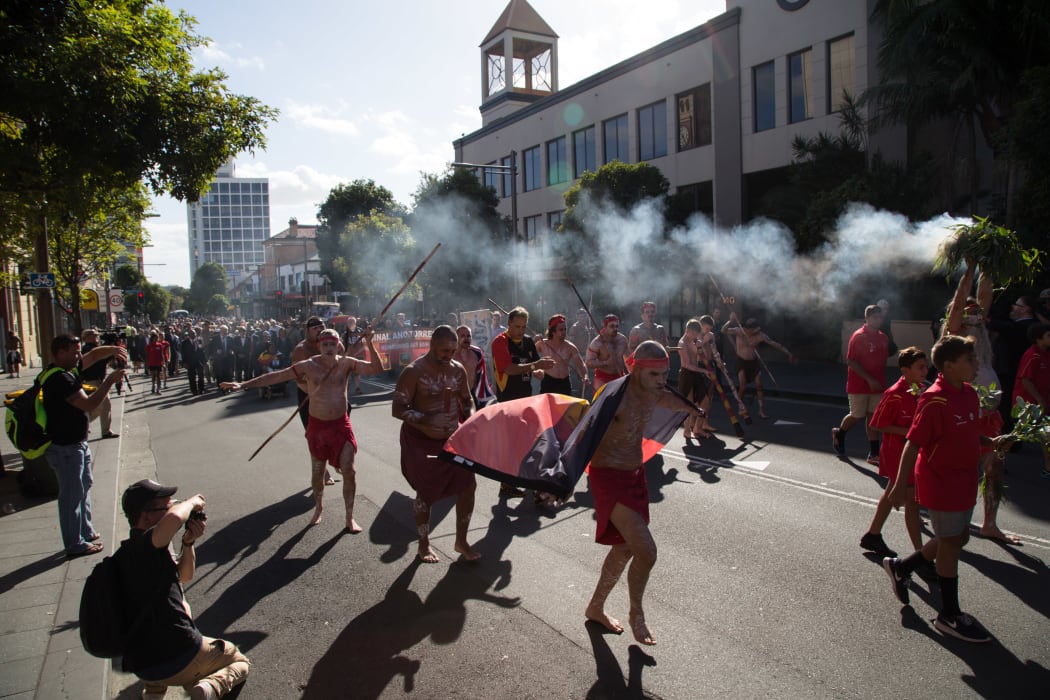 People gather in Redfern, Sydney, for the 10th Coloured Digger Anzac Day march.