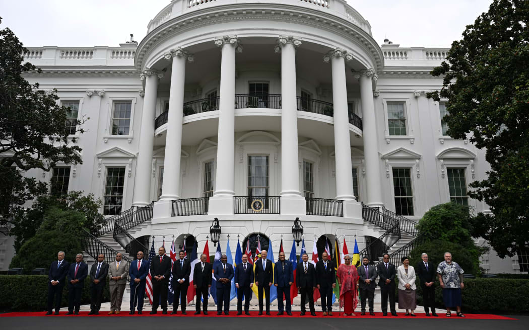 Us President Joe Biden (C) Poses For A Group Photo With Pacific Islands Forum Leaders After The Pacific Islands Forum (Pif) Summit, On The South Portico Of The White House In Washington, Dc, In September 25, 2023 (Photo By Jim Watson / Afp)