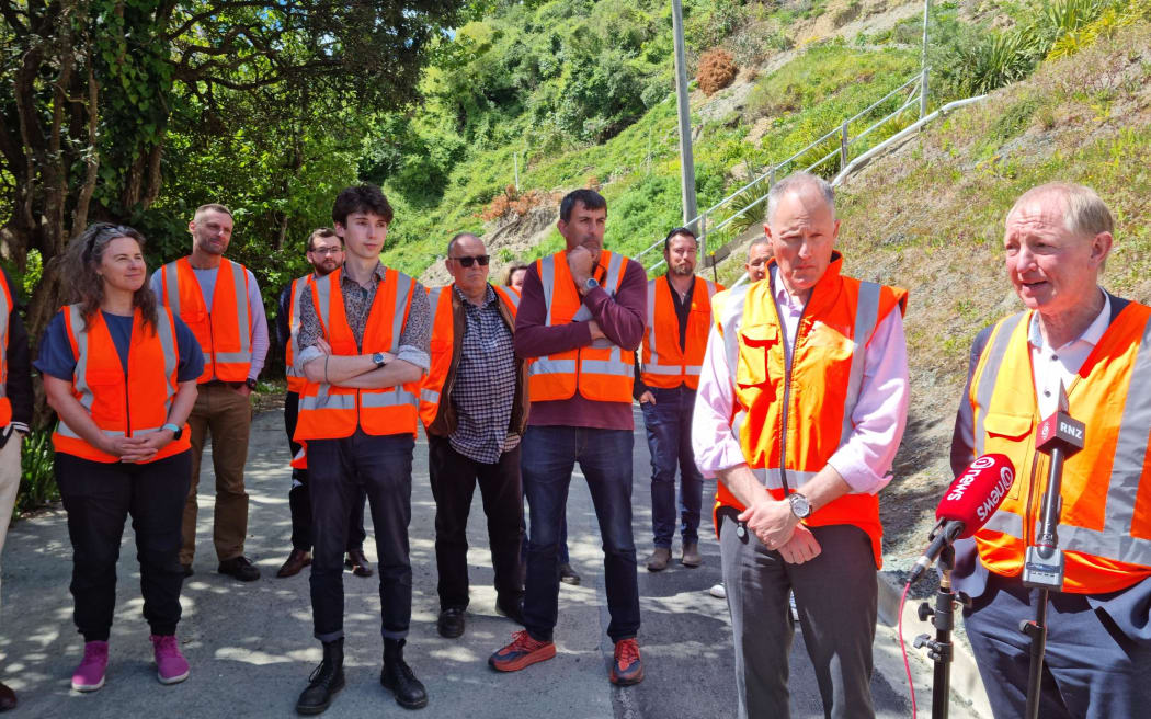 Nelson mayor Nick Smith (right) with City Council infrastructure manager Alec Louverdis (second right) and councillors on 20 October 2022, during a tour of damage from the August floods.