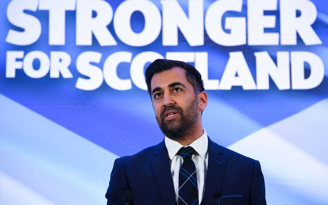 Newly appointed leader of the Scottish National Party (SNP), Humza Yousaf speaks following the SNP Leadership election result announcement at Murrayfield Stadium in Edinburgh on 27 March, 2023.
