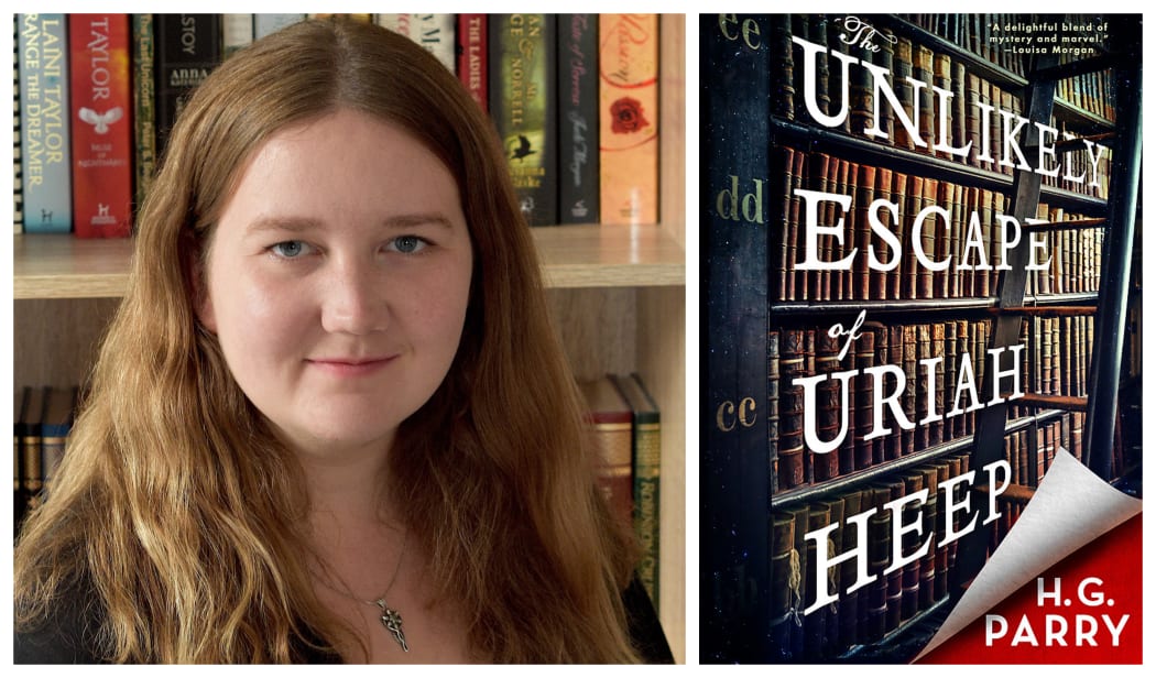 H. G.Parry and the cover of her novel "The Unlikely Escape of Uriah Heep"