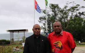 Benny Wenda, left, with the ULMWP interim prime minister Rev Edison Waromi at the 22 Melanesian Spearhead Group Leaders' Summit in Port Vila. 22 August 2023