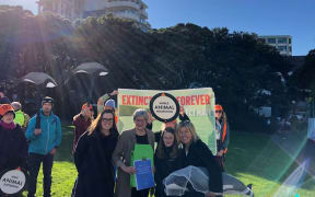 Greenpeace Oceans Campaigner Jessica Desmond, Conservation Minister Eugenie Sage, actor Robyn Malcolm (right), and her niece Sylvie.