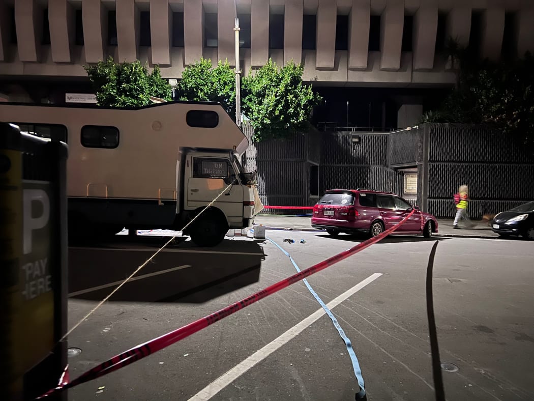 Protesters have set up strops, connecting them to cross entry points. Cars and large campers are blocking Aitken Street.