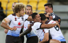 Fiji celebrate their quarter final win over the Kiwis.