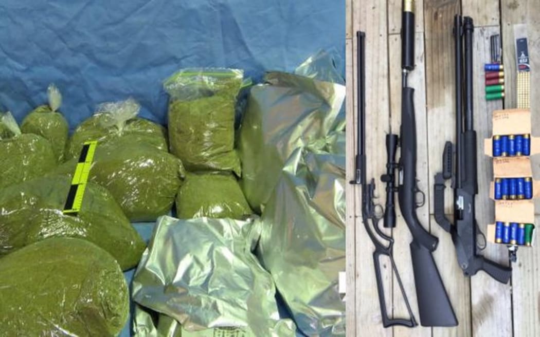 Synthetic cannabis in silver packets, along with other substances involved in its manufacture, and some of the firearms seized as part of Operation Tiger.