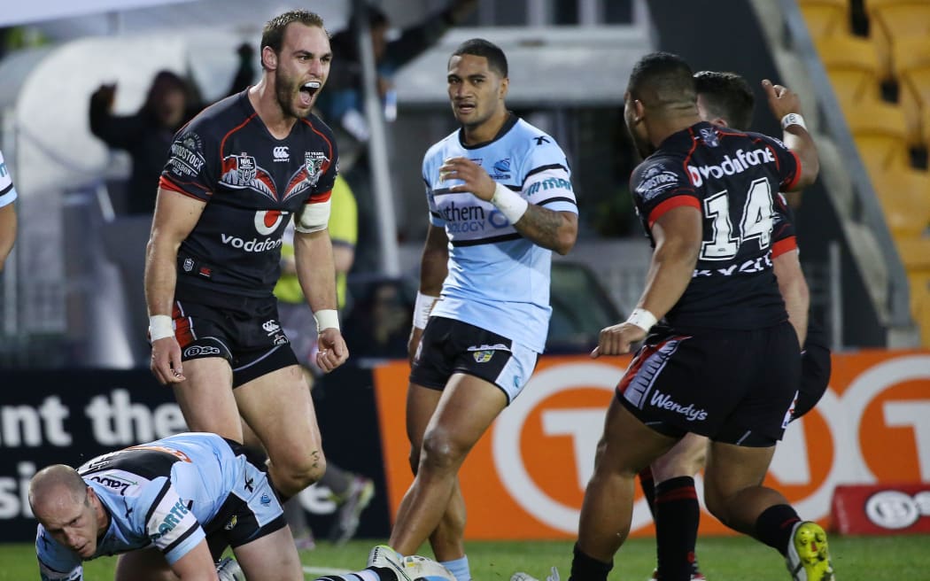 Simon Mannering is ecstatic after scoring his first Warriors try this season, vs Cronulla Sharks at Mt Smart Stadium, Auckland, New Zealand 1 August 2015