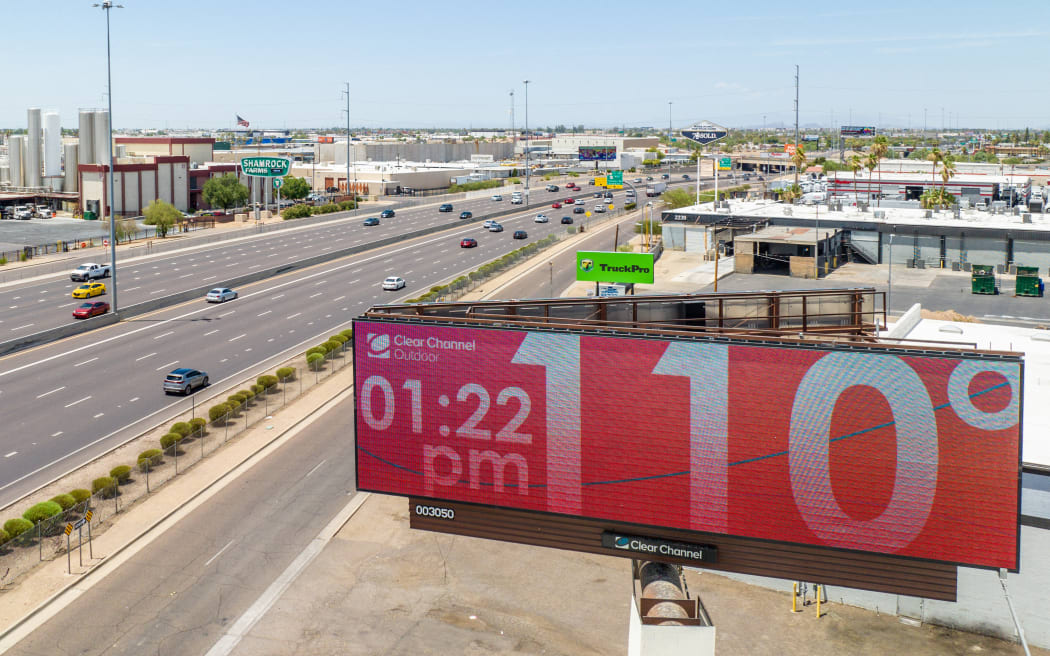 A billboard displays the temperature in Phoenix, Arizona on 16 July, 2023 in Phoenix, Arizona.