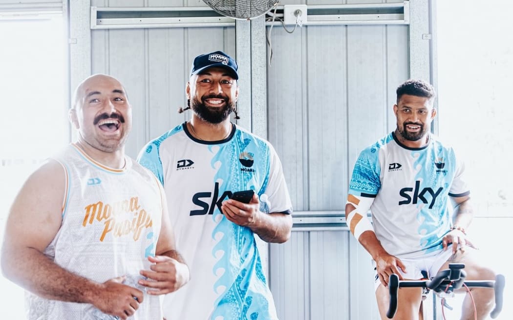 Moana players preparing for the Reds in Brisbane, includes captain Ardie Savea (back) and prop forward James Lay. Photo: Moana Pasifika