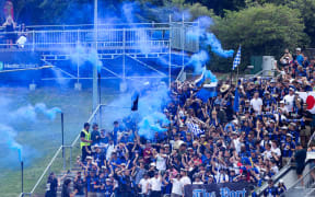 Auckland FC supporters The Port get lively before the A-League match against Wellington Phoenix.