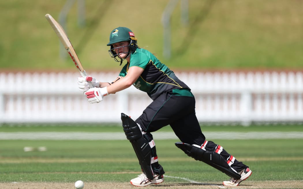 Central Hinds' Mikaela Greig during the Hallyburton Johnstone Shield women’s cricket match between the Wellington Blaze v CD Hinds at the  Basin Reserve, 2024.