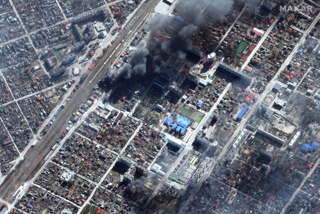Burning oil storage tanks and industrial area in Chernihiv, Ukraine on March 21, 2022.