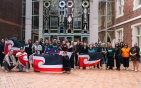 Kaipara District Council Māori ward supporters outside the High Court at Auckland today.