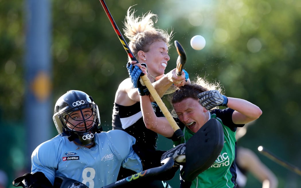 Emily Gaddum in the thick of it against Ireland in 2014.