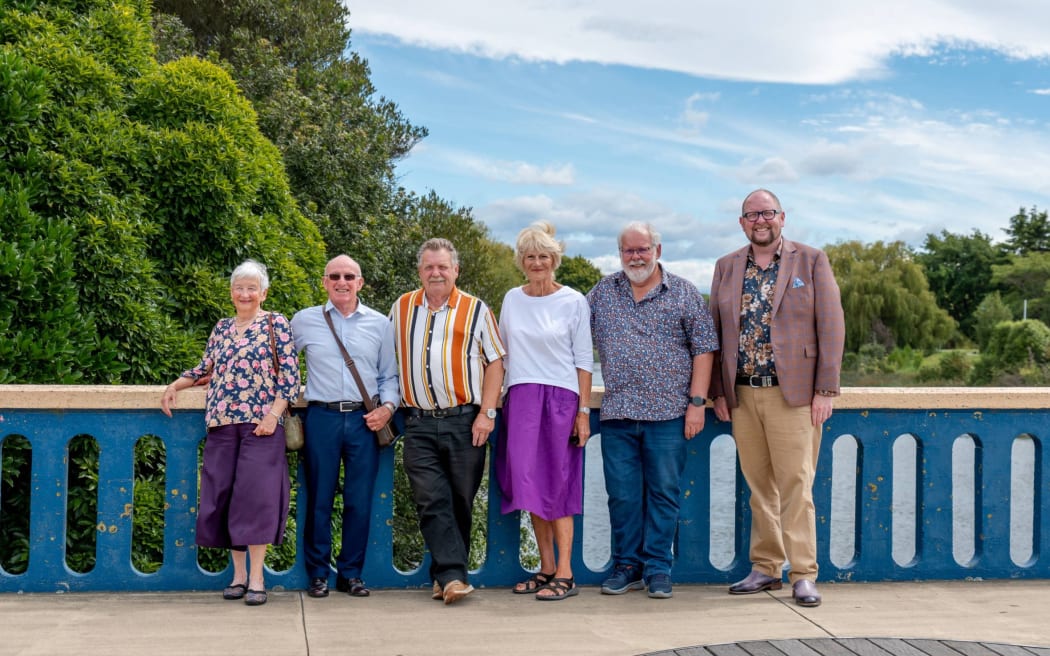 Ann (left) and Ray Harper, joined with Waimakariri Deputy Mayor Neville Atkinson, Kaiapoi-Tuahiwi Community Board chairperson Jackie Watson, councillor Philip Redmond and Mayor Dan Gordon on the Williams Street bridge in Kaiapoi.