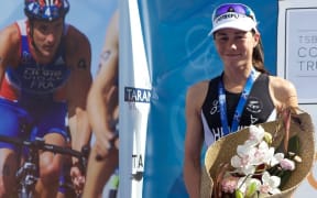 Andrea Hewitt on the Taranaki podium next to an image of Laurent Vidal.