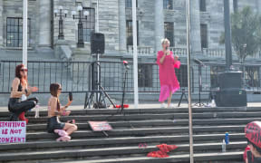 Green MP Jan Logie addresses the crowd outside Parliament.