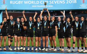 Black Ferns captain Sarah Goss and team mates celebrate winning the Rugby World Cup Sevens at AT&T Park, San Francisco
