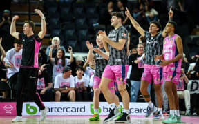 NZ Breakers celebrate the win.