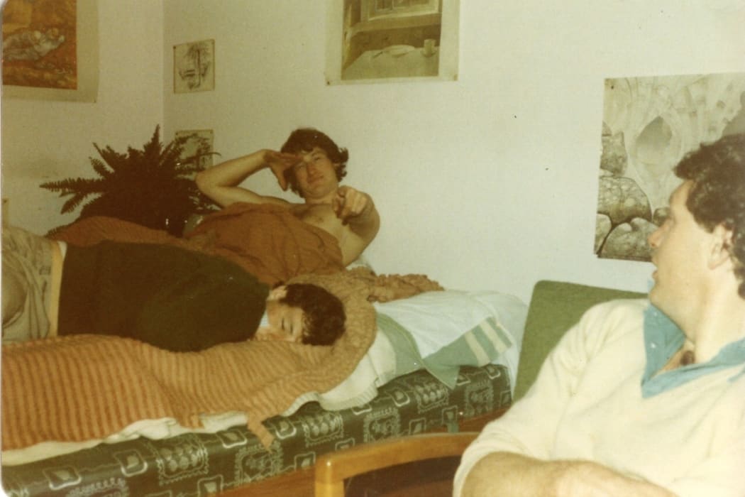 The author's father, David Slack (pointing), horsing about in the 1970s.