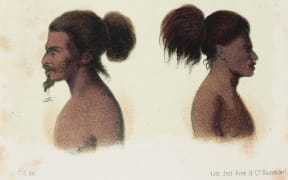 ‘Indigenous people from Niue or Friendly Islands’. In 1853 the Eugenie, a Swedish vessel on a circumnavigation of the world stopped off at Niue. These  subsequent sketches of men encountered on the voyage are the first known portraits of Niueans. Their beards contain ornamental items.