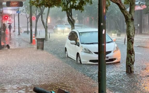 Surface flooding at Auckland's Viaduct Harbour.