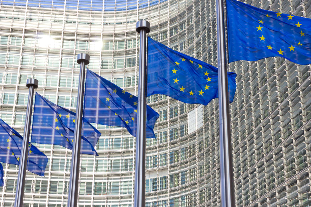 Flags in front of the EU Commission building in Brussels.