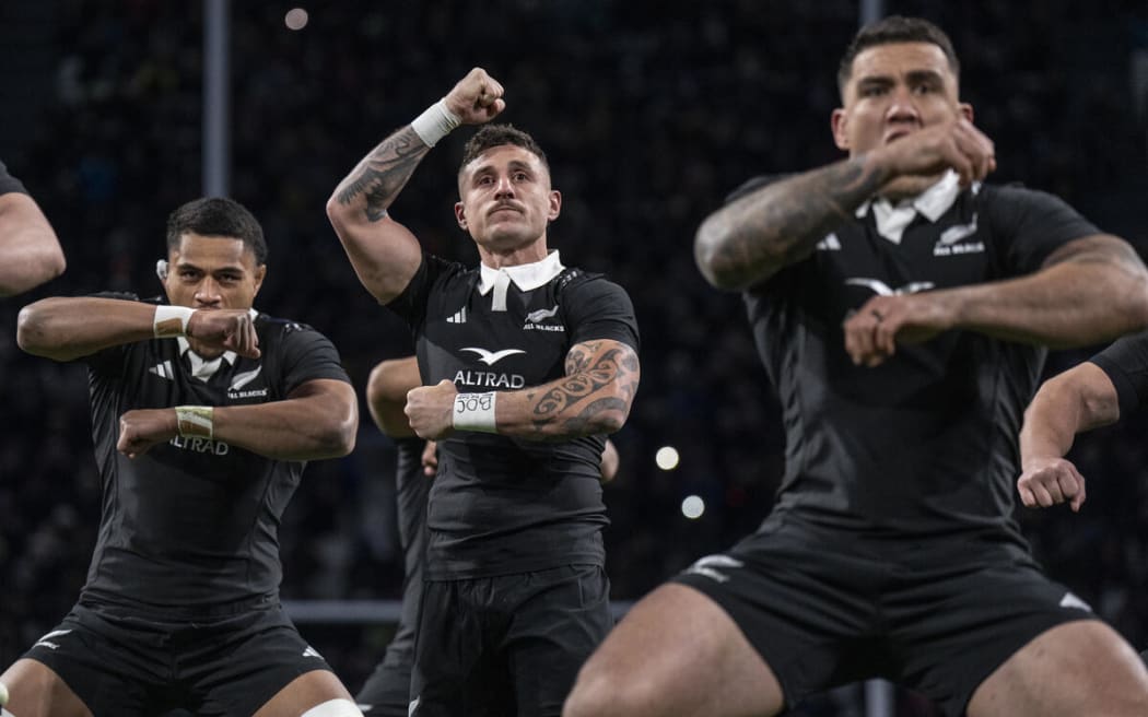 All Black TJ Perenara performs the Haka ahead of the All Blacks v Italy.