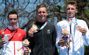New Zealand's Dylan McCullough on the podium in Buenos Aires.
