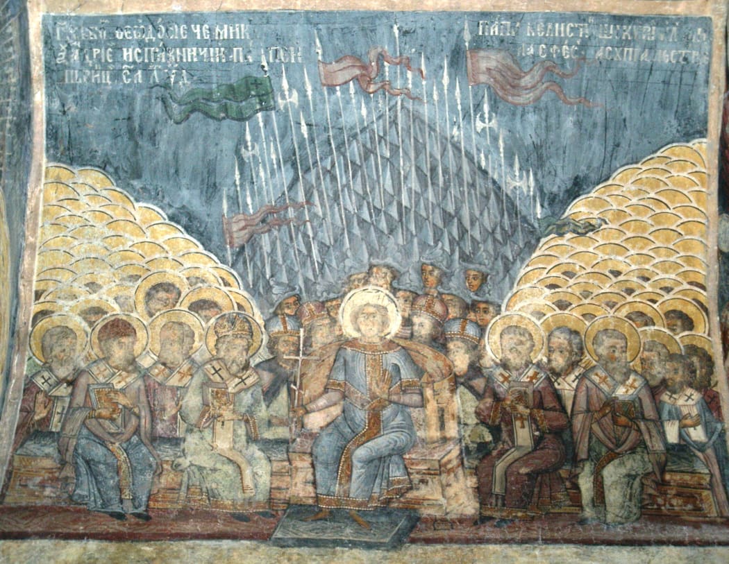 The First Council of Constantinople, wall painting at the Church of Stavropoleos, Bucharest, Romania
