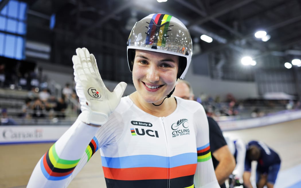 Ellesse Andrews after winning gold in the women's kierin at the Nations Cup track cycling meet in Milton, Canada.
