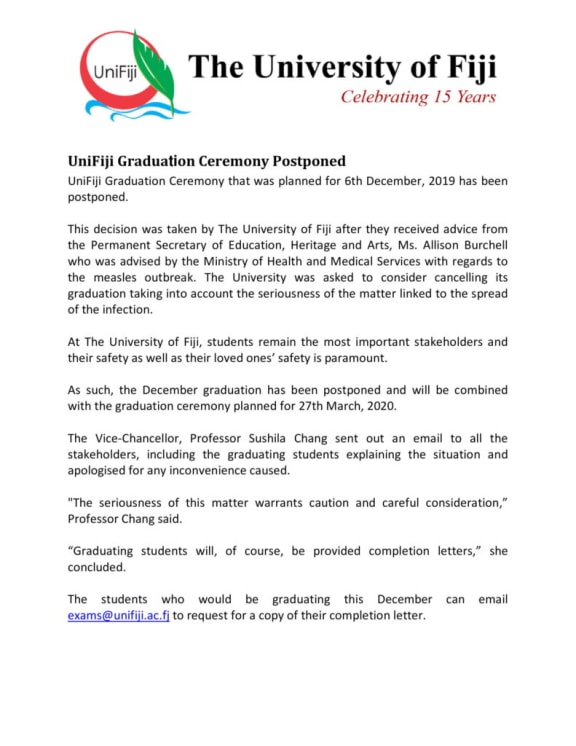 University of Fiji statement on the postponement of its 2019 graduation ceremony.