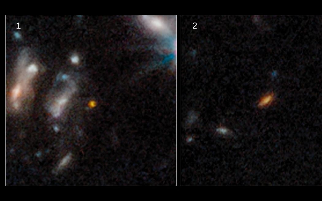 A close up of two of the farthest galaxies seen to date of the outer regions of the giant galaxy cluster Abell 2744.