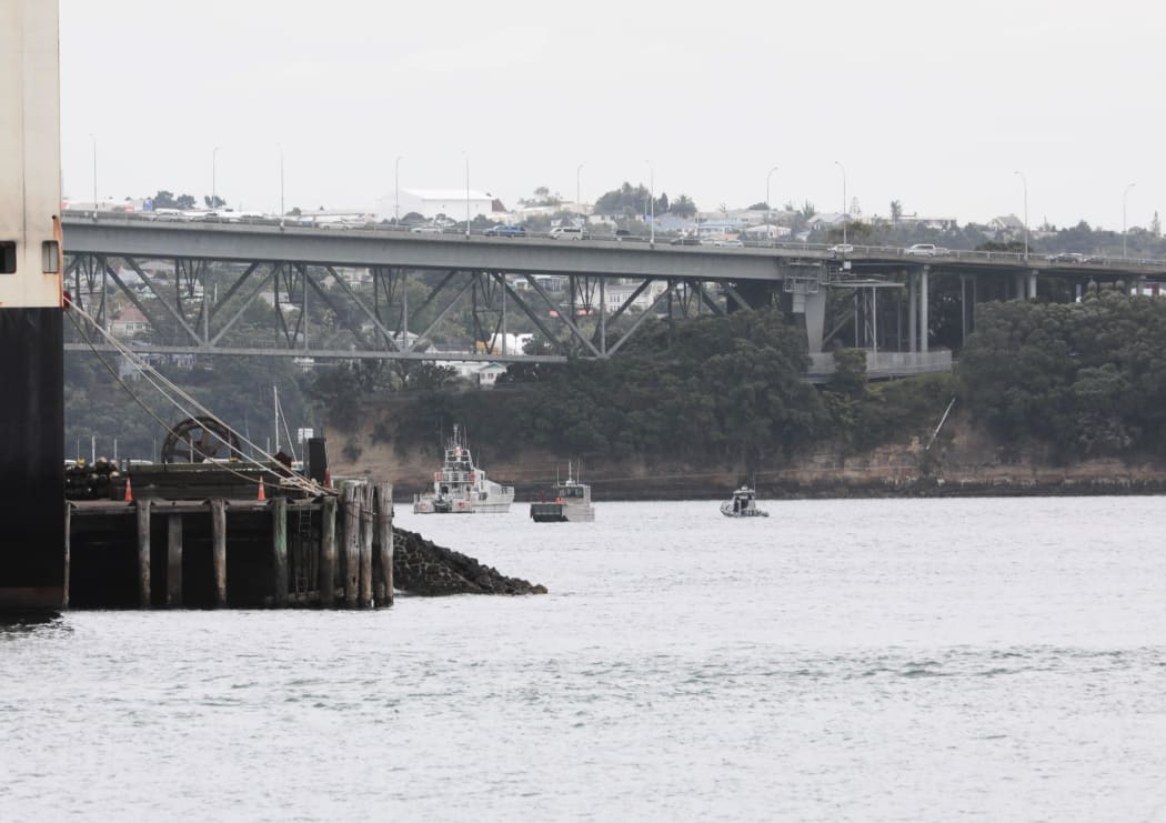 The scene of the seaplane crash near the Auckland Harbour Bridge.