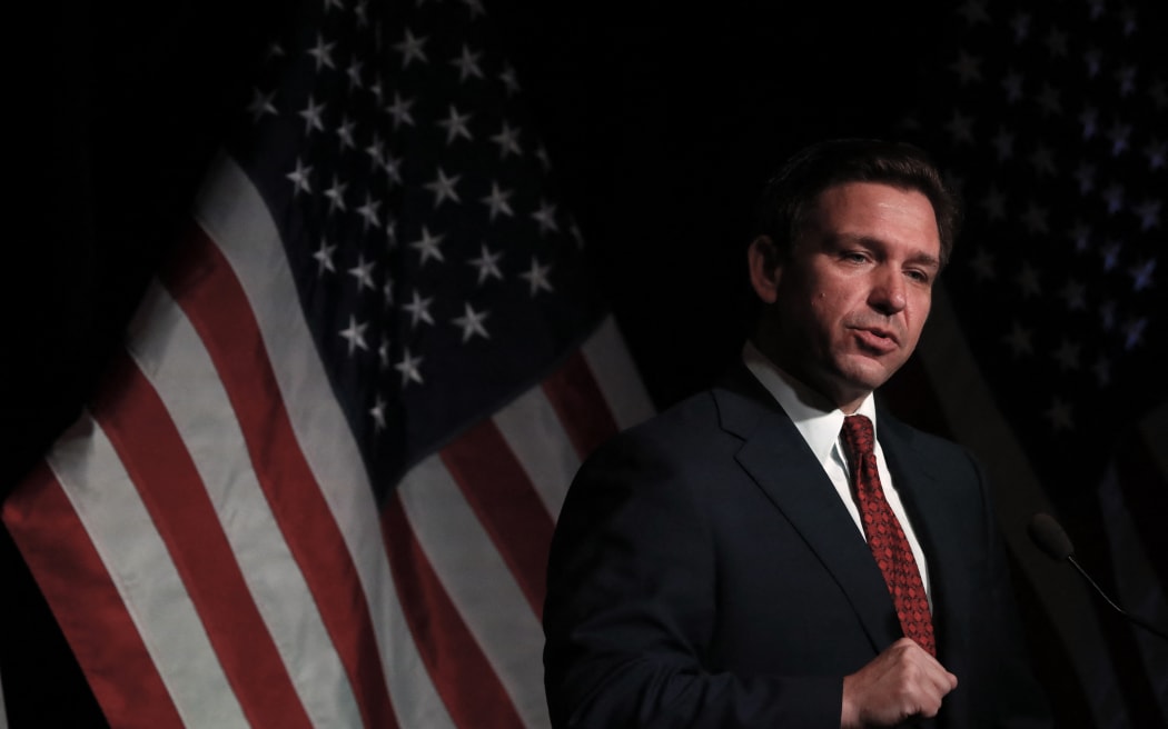 MIDLAND, MI - APRIL 06: Florida Gov. Ron DeSantis speaks at the Midland County Republican Party Dave Camp Spring Breakfast on April 6, 2023 in Midland, Michigan. While in Michigan, DeSantis will also visit Hillsdale College, a small, Christian liberal arts school.   Chris duMond/Getty Images/AFP (Photo by Chris duMond / GETTY IMAGES NORTH AMERICA / Getty Images via AFP)