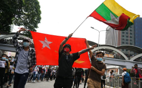 Thousands of people rally against Military Junta, near Sule pagoda in Yangon, Myanmar