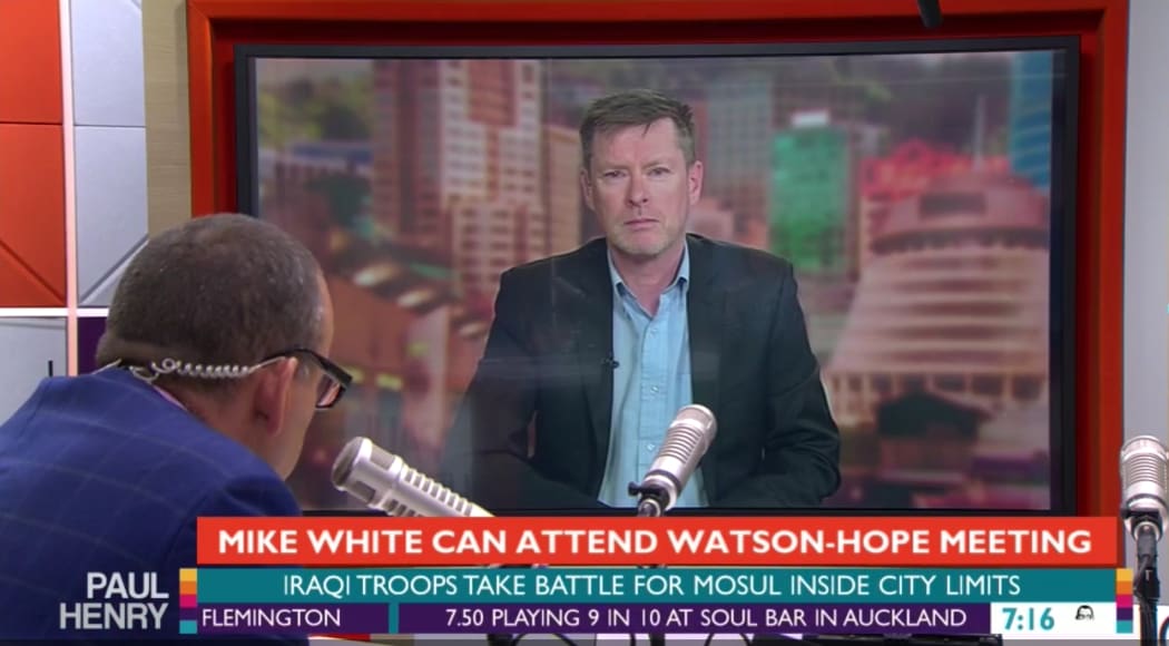 Journalist Mike White talking to Paul Henry on TV3 after the High Court ruled he can meet Scott Watson and Gerald Hope in jail.
