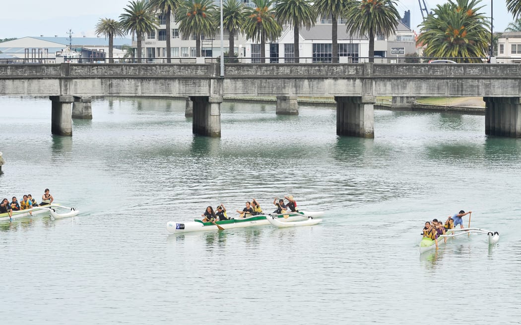 Liam Clayton/Gisborne Herald. Caption: Waka ama paddlers are often seen on the Waimatā River, as well as rowers, kayakers and these days, some paddle boarders.